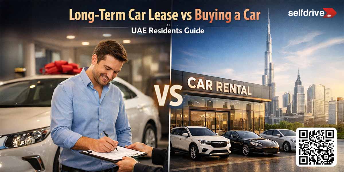 Long-term car lease vs buying a car comparison banner for UAE residents, showing a man signing paperwork at a dealership on the left and a modern car rental outlet with several parked cars and the Dubai skyline, including Burj Khalifa, on the right, with the headline “Long-Term Car Lease vs Buying a Car – UAE Residents Guide” and SelfDrive branding plus a QR code in the corner.
